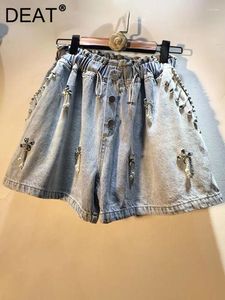 Jeans feminino shorts de jeans diamantes perels pending tassel cintura elástica solta perna larga azul curto 2024 outono 29L1058