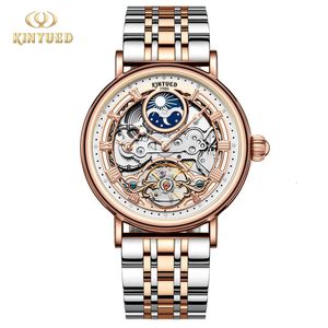 Kinyued Mens Luxury Skeleton Watch Automatic Mechanical Wrist Watches Lysande multifunktion Två gånger Rostfritt stål 240419