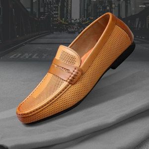 Casual Shoes Men Hollow Out äkta läderkörande loafers Summer Style Slip on Breattable Moccasins