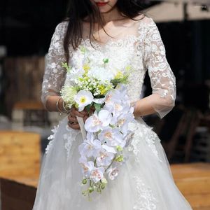 Fiori decorativi 11 tipi con bouquet per matrimoni rosa naturale artificiale con nastro di seta in raso bianco champagne da sposa da sposa