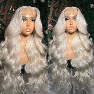 Peruki 13x4 przezroczyste koronkowe perukę czołową ludzkie włosy kolorowe platynowe blond peruka biała #60 luźna fala HD koronkowe peruki dla kobiet