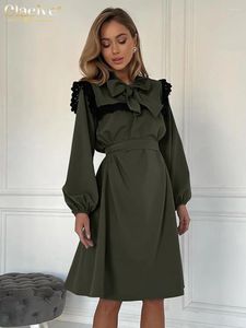 Casual Dresses ClaceLive Loose Green Office Women Dress Fashion Bow Collar Long Sleeve Mini Elegant Classic Lace-Up Kvinna