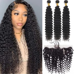 Deep Wave Bundles With Frontal 13x4 Ear To Ear Transparent Lace Frontal With Human Hair Bundle Brazilian Remy Hair Natural Color 240408