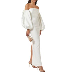 Off Shoulder Sheath Evening Dress Long White Satin Formal Party Prom Gown with Sleeve