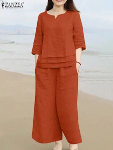 ZANZEA FASHION WOMEN WIDE LEGPANTS SETS SPRING V NECK 3/4スリーブトップスズボンスーツ2PCSソリッドアーバントラックスーツワークスピット240418