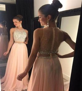 2016 Peach Pink Two Piece aftonklänningar En linje med guldpärlor paljetter Crystal Back dragkedja lång chiffong formell prom party klänningar4295231