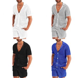 Sports Summer and Leisure Hollow Out Knitted T-shirt Beach Pants Men's Fashion 2 Piece Set