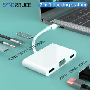 Estações 7 portas USB C Hub Typec para acessórios MacBook Dock Staotion Switch Adapter para HDMI4K VGA 1080P 3,5mm AUX PD Charge USB 3.0
