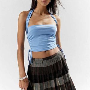 Tanques femininos Camis Xingqing 2000 Crop Top Summer Mulheres Roupas Estéticas Cor Solid Side Drawtring Tanks Ruched Tanks Y2K Roupas Strtwear Y240420