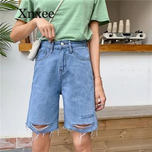 S-5XL vintage jeans shorts kvinnor stor storlek koreanskt studenthål denim kvinnlig sommar hög midja lös rak 240418