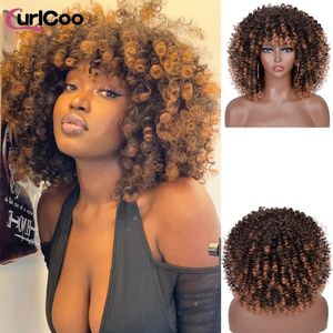 Short Afro Kinky Curly Wigs With Bangs For Black Women Synthetic Ombre Natural Heat Resistant Hair Brown Cosplay Highlight 240419