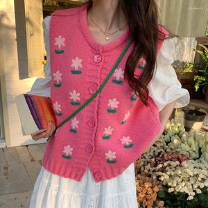 Giubbotto per maglione in stile preppy rosa in stile da donna 2024 Fiori ricami senza maniche Cardigan Corea Sweet Sweet Shuin Crop Top