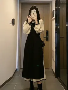 Sıradan Elbiseler Vintage Fransızca İnce A-Line Puff Sleep Bodycon Elbise Kore Patchwork Akşam Kadın Giysileri Sonbahar Kış 2024