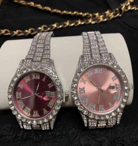 Högkvalitativ fabriksblinglila Dial Sier Plating Hip Hop Bust Down Wrist Watch Shining Diamond Iced Out Baby Pink Women Quartz 7403188