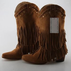 Boots Vintage Winter Autumn Chunky High Heels Botines Suede Leather Woman Mid-calf Fringe Bota Feminina Red Black Cowboy