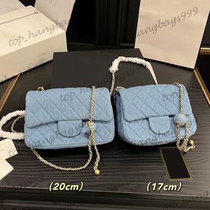 Womens Blue Denim Pearl Ball Classic Mini Flap Sqaure quiltade väskor Diamond Lattice Gold Chain Crossbody midje axelhandväskor 17 cm 20 cm