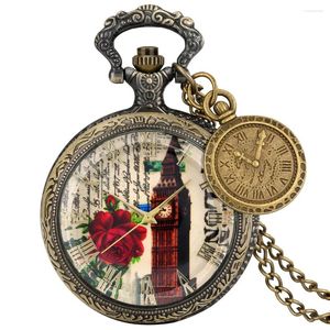 Orologi tascabili in stile vintage Londra quadrante Bronzo orologio in vetro trasparente collana clock orologio souvenir regalo