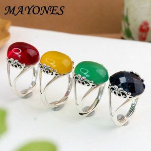 Cluster Rings Wholesale S925 Thai Silver Red Corundum Ring for Women's Retro and Antique Ethnic Style Oval Agate Blue Sandstone