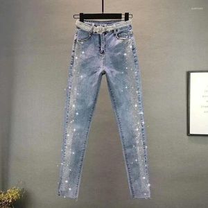 Frauen Jeans Vintage Blue Slim Diamonds Denim Frühling Herbst Streetwear High Taille Hose Skinny Hosen 5xl große Größe