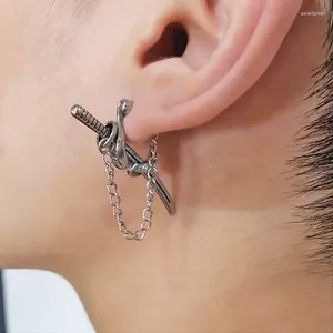 Bolzenohrringe 1PC Edelstahlschwert Punk Dangle Samurai Langkette für Männerlappen Piercing