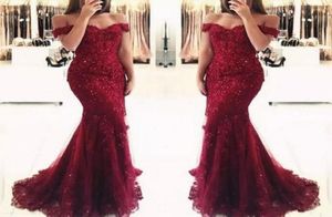 Junoesque Bourgogne Lace Mermaid Prom Dresses Applices Off the Shoulder Poaded paljetter Långa promklänningar Evening Dresses Cheap Wear 4373810