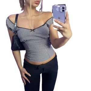 Женские танки Camis Xingqing Y2K Fairy Grunge Plaid Tops Women Vintage Aesthetic Short Slve Off Sweam Prush Summer Fairycore Одежда Y240420