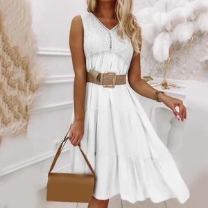 Casual Dresses Women Summer White Loose Midi Dress Vintage Lace V Neck Sleeveless A-Line Ruffle Beach Boho Sundress For