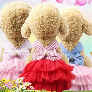 Hundkläder Sling Dress Summer Pet Clothes Wedding Kjol Valpkläder Spring Fashion Jean Stripe Suspender Mesh