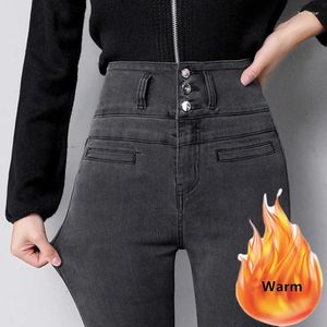 Женские джинсы с высокой талией Слим сгущается негабаритный 5xl теплый тощий джинсовый брюк плюшевый