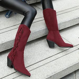 Stövlar faux mocka Autumn Winter Ladies Warm Knee High Fashion Tassel Slip On Shoes Female Heel Pointed Toe