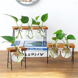 Vases Desktops Plant Terrariums Glass Bulb Vase Propagations Jar With Wooden Stand Flower Planter For Hydroponics