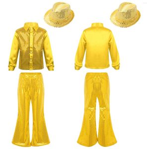Clothing Sets Kids Hip Hop Jazz Dance Costumes Boys Girls Modern Disco Stage Performance Shiny Sequin Long Sleeve Shirt With Flared Pants