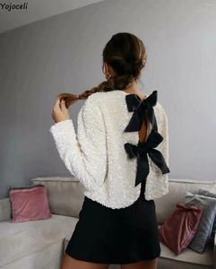 Kadın Bluzları Yojoceli Moda Yay Sequin Bling Partisi Bluz Bahar Kulübü Beyaz Kırış Toplar Dış Giyim Elegant Kadınlar Her İki Yan Giyim