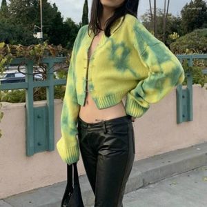 Kvinnors stickor modesweatshirt brosch casual cardigan tröja 2024 Autumn Women Tie Dye Sweaters Vintage Yellow Green Pullovers Jumper