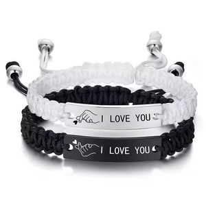 Chain 2 PCS I Love You Finger Heart Stainless Steel Couple Bracelet Black White Woven Bracelets For Lovers Valentine Gifts Y240420