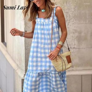 Lässige Kleider 2024 Mode Square Neck Hosendrender Langes Kleid Sommer Frauen elegante Ärmel loser Party Vintage Plaid gedruckt Maxi