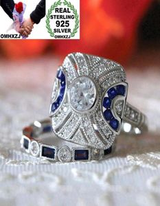 Omhxzj hela europeiska mode kvinnan man fest bröllop gåva fyrkantig vit blå 925 sterling silver ring set rr566334568