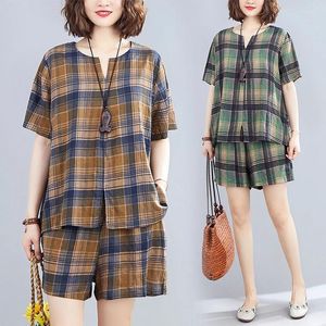 Kvinnors spårningsdräkter 2024 Summer 2 Piece Set Female Short Sleeve V-Neck Plaid Tops Loose Casual Shorts Ladies Cotton Linen Suits Z15