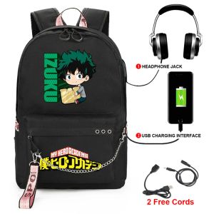 Backpacks My Hero Academia Backpack with USB Charging Port Cute MHA Deku Cosplay Bookbag for Boys Girls Gift School Mochila