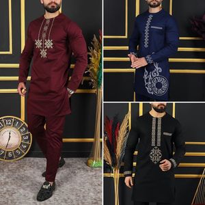 Kaftan Luxury Men Terne Borded Top Troushers Set 2 Peças Conjunto de Dashiki Africano Roupas de estilo étnico tradicional para homem Vestido de noiva 240409