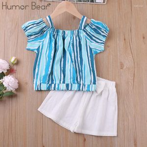 Kleidungssets Humor Bärer Sommermädchenanzug Kinder One-hals Rose Blumenbluse zerrissen weißer Shorts Baby Kinder