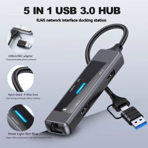 Hubs 5 in 1 Type C HUB High Speed Data Sync USB 3.0 HUB Splitter Card Reader Multiport with SD TF Ports RJ45 Computer Accessorie HUB