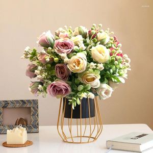 Dekorative Blumen Rose rosa Pfingstrose künstliche Seidenstrauß 10head Rosen falsche Blume für Tisch Vase arrangieren Home Hochzeitsdekoration