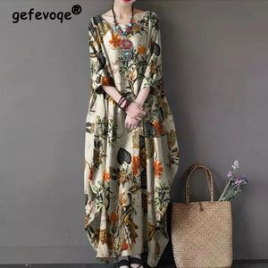 Vintage Floral Impresso Etnic Style Linen Lime de algodão Maxi Dress Mulheres Casual Irregular Halve Strevewear Vestes Robe 240420