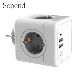 Plugs Sopend Gray Power Strips Plug Socket Extension Eu with Multi Outlet 4 Smart Ports Powercube 16a 3640w with Switch and Type C