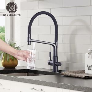 Purifiers Matte Black Kitchen Sink Faucet Tap Pure Water Filter Mixer Crane Dual Handles Purification Kitchen Hot and Cold Water Tap