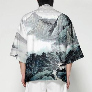 Roupas étnicas paisagem de verão impressão quimono unissex camisa havaiana de cosplay liew tops moda yukata haori outwear banheira