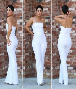 Elegant White Jumpsuit Evening Dresses Strapless Full Lace Bodice Pants Women Formal Bridal Party Gown Custom 20194955370