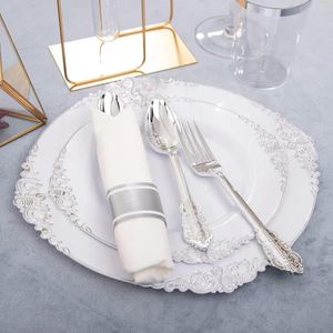 Disposable Dinnerware 350PCS Silver Plastic Plates & Pre Rolled Napkins For 50 Guests Dinerware Set 100