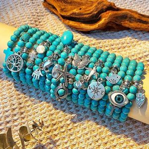 Chain WANZHI New Bohemian Starfish Sea Turtle Pendant Turquoise Beaded Bracelet for Women Retro Ethnic Bracelets Beach Party Jewelry Y240420